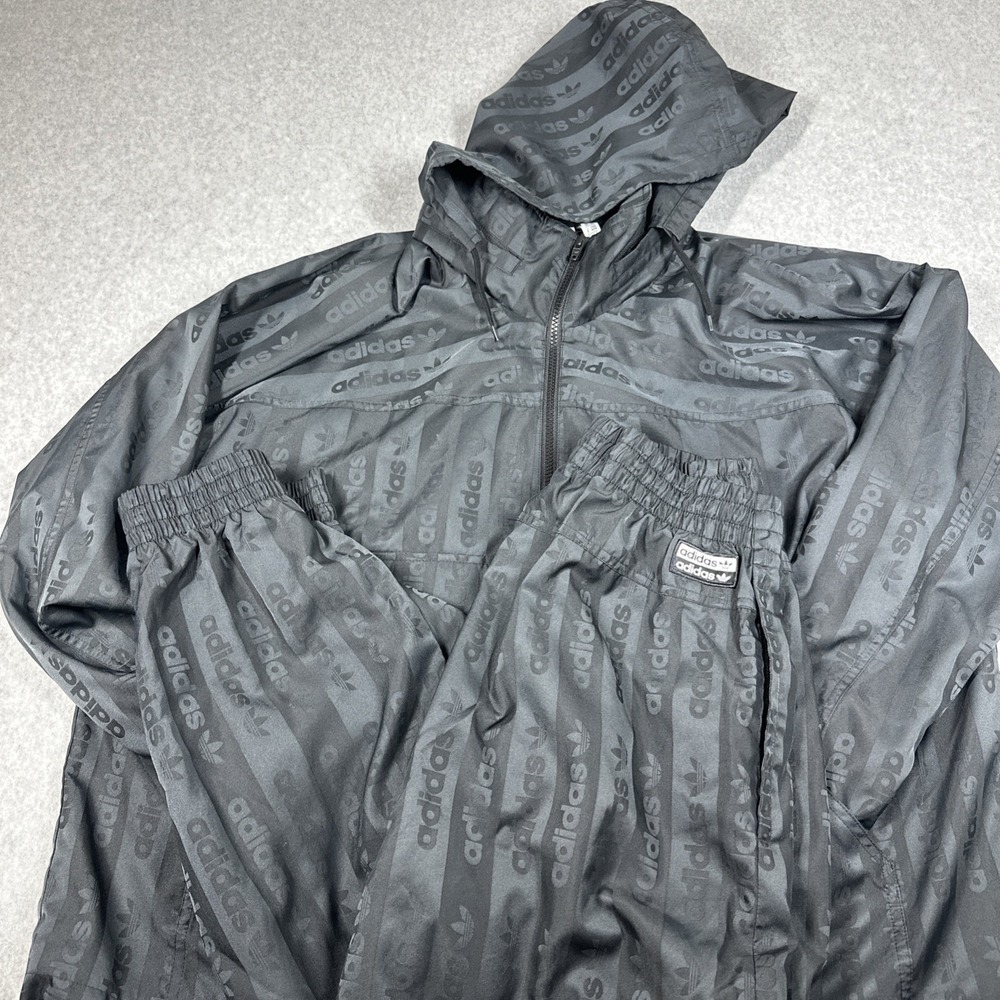 Adidas Track Jacket & Pants Men's Medium Black Logo‎ All Over Print Hooded Lined - Picture 11 of 16